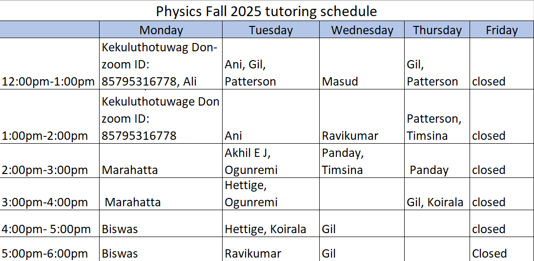 Fall 25 Tutor Schedule