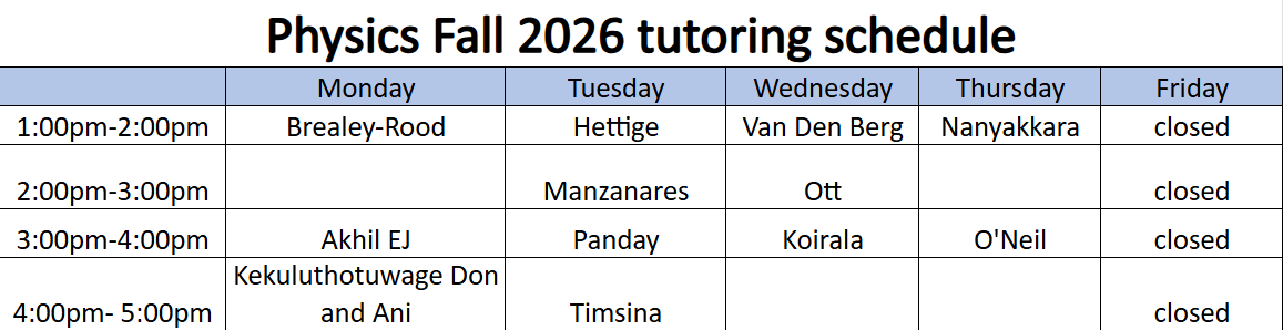 Fall 26 tutor schedule