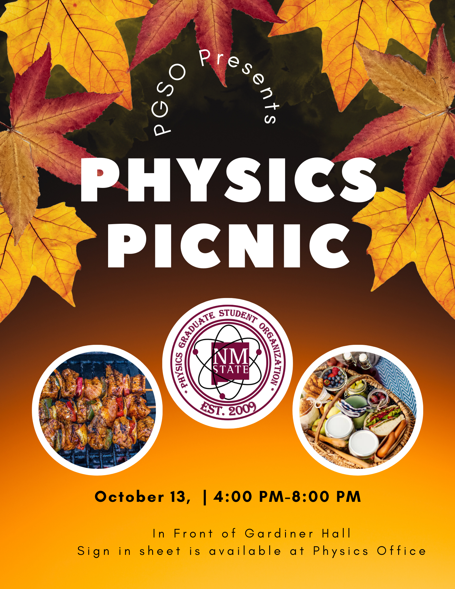 Poster of kabobs and picnic food with a fall leaf background